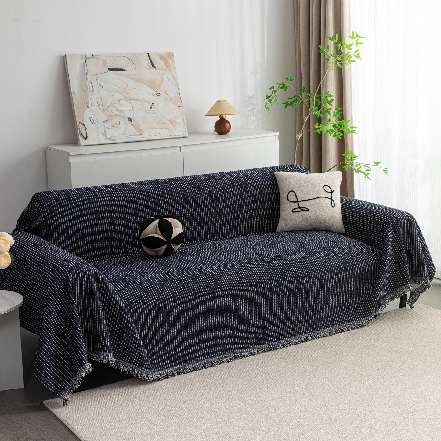 MYSKY HOME Loveseat Cover Navy Couch Cover Sectional Couch Covers for 2 Cushion Couch Sofa Thick Universal Chenille Sofa Cover with Tassel Durable Furniture Protector for Dogs 91" x 118"