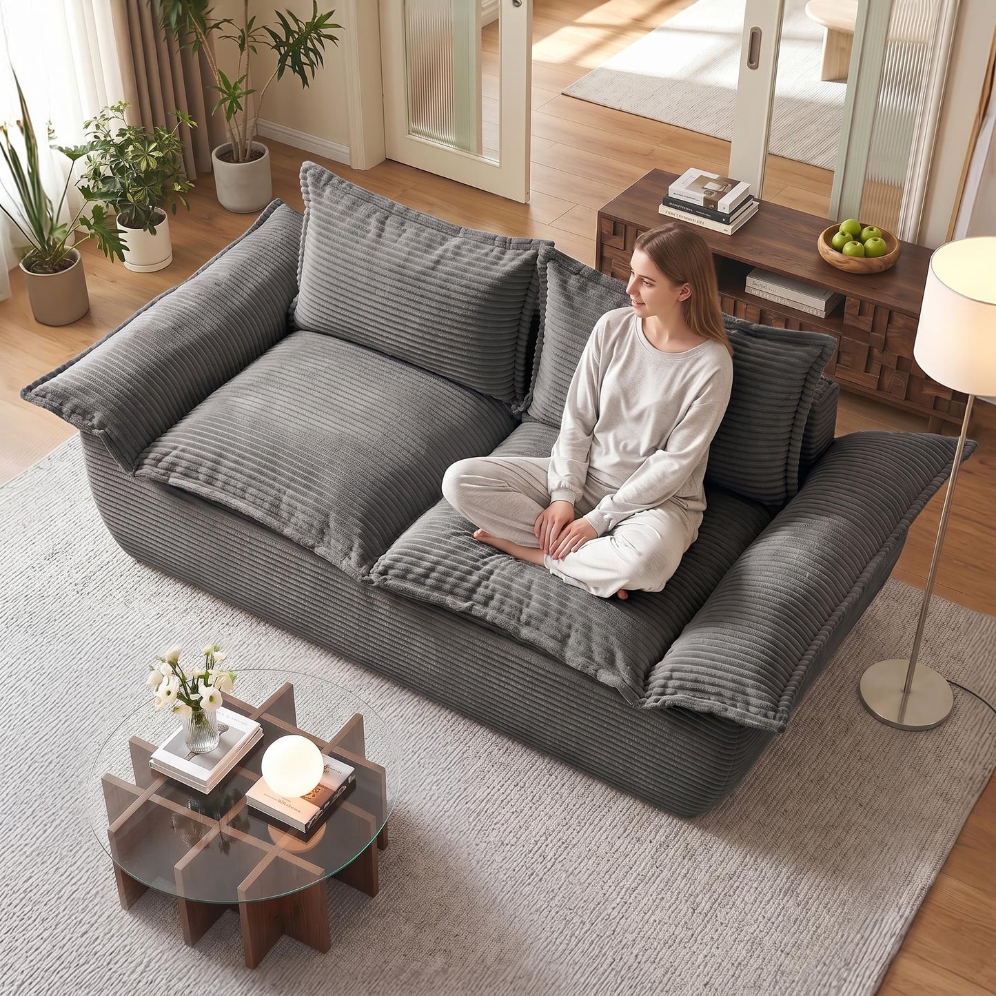 JUIKURY 55" Convertible Corduroy Sofa Bed, Boneless Foldable Loveseat Sleeper Couch, Compressed Foam Floor Sofa with Removable Cushions & Pillows for Small Space Living Room