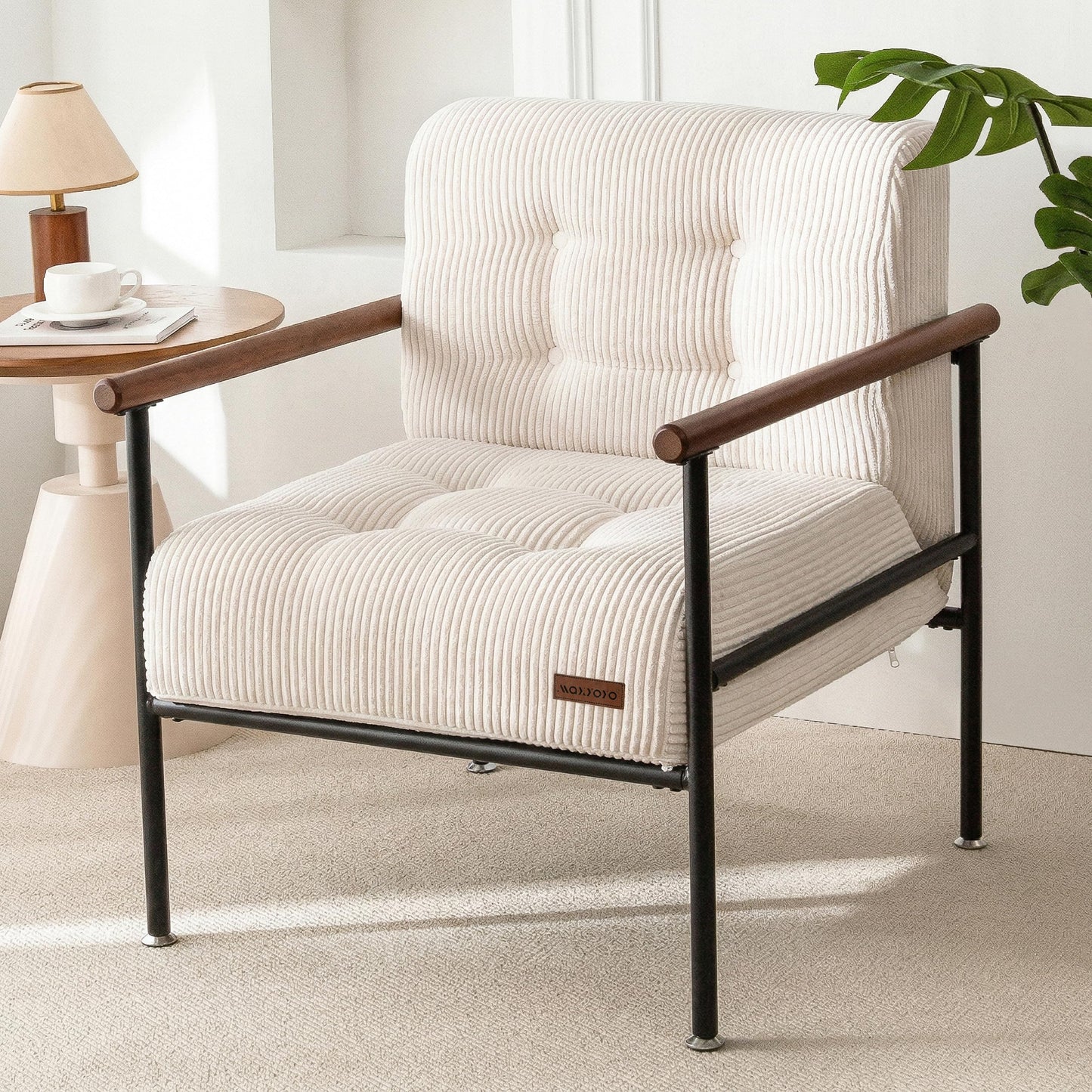MAXYOYO Living Room Accent Chair, Modern Chair with Sturdy Metal Frame & Wood Armrests, Upholstered Reading Chair with Upholstered Cushion for Bedroom Balcony Porch, Beige
