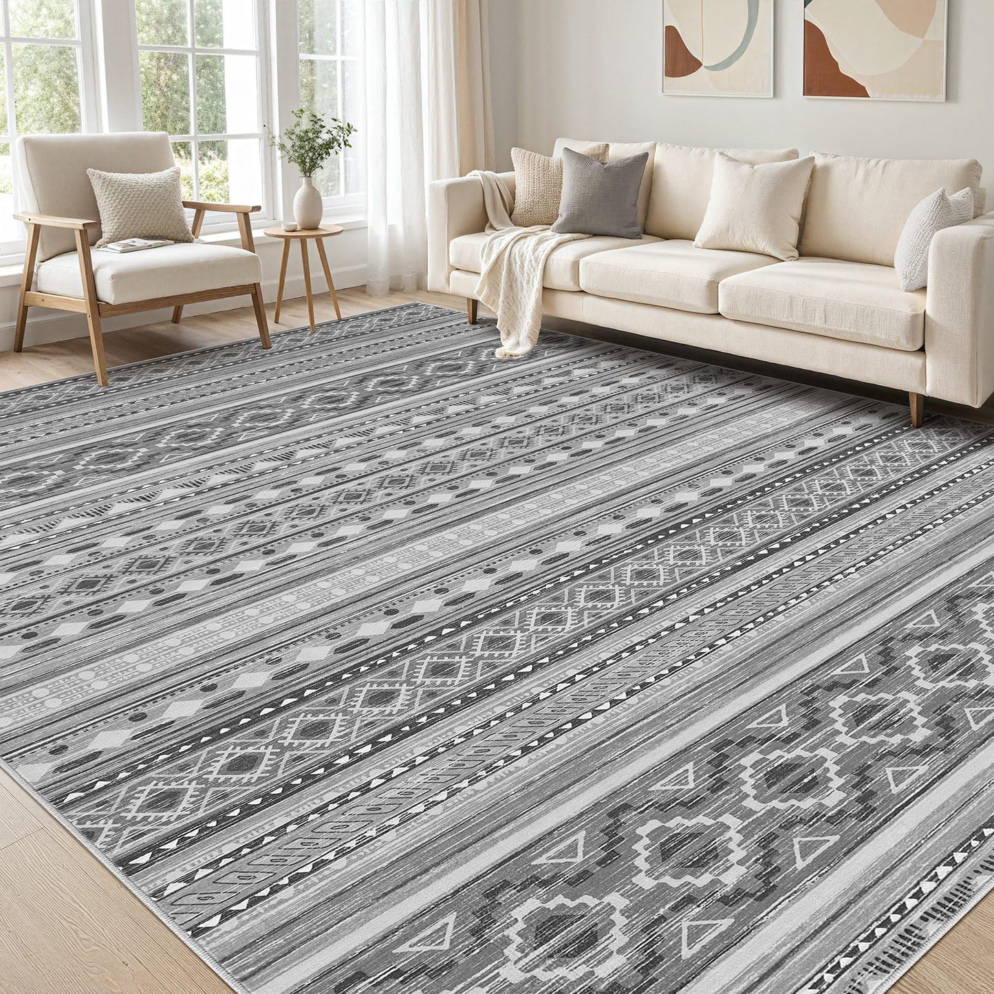 cotiled 5x7 Area Rugs Living Room Rug: Washable Boho Rugs with Non Slip Backing Large Soft Indoor Stain Resistant Carpet for Bedroom Farmhouse Dining Room Lightweight Home Decor Beige Grey