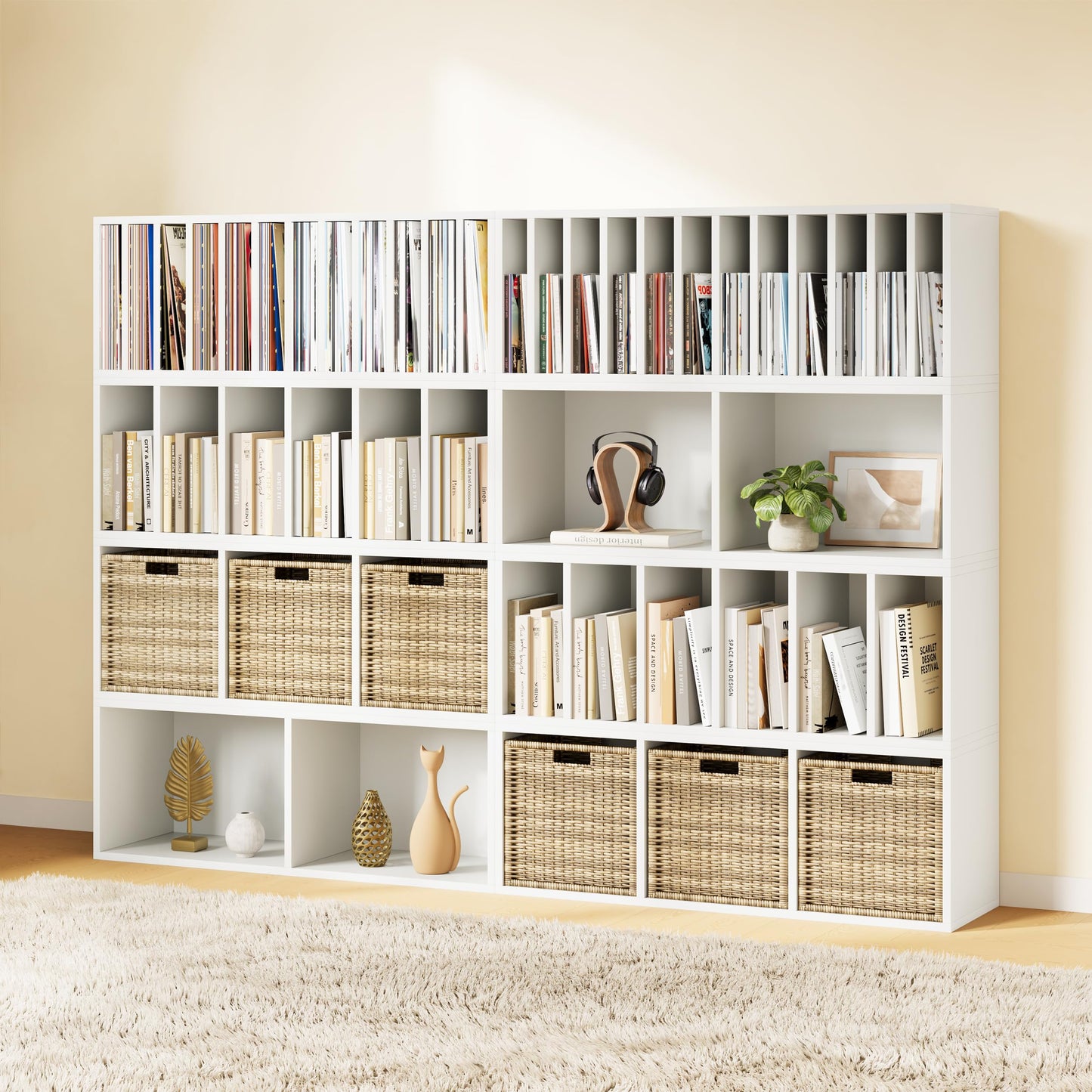 IOTXY DIY Modular Cube Bookcase - CubeXY Customizable Stackable Expandable Combination Set, 23-Cube Open Bookshelf for Books, Fabric Storage Bin, and 7/10-inch Vinyl Record Organizer, White