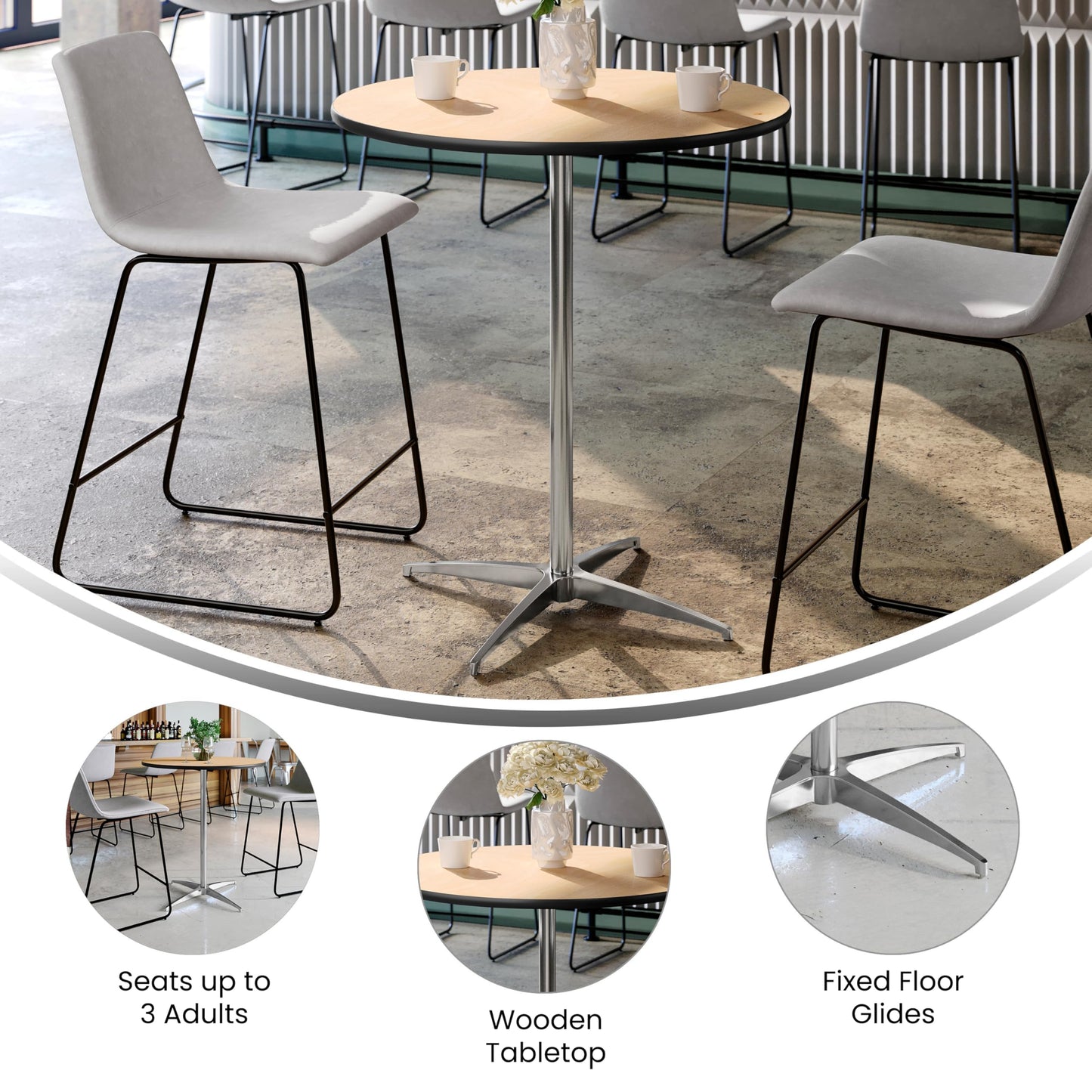 Flash Furniture Lars 30" Round Cocktail Table with 30" and 42" Columns, Adjustable Standard or Bar Height Round Table for Events or Home Use, Natural