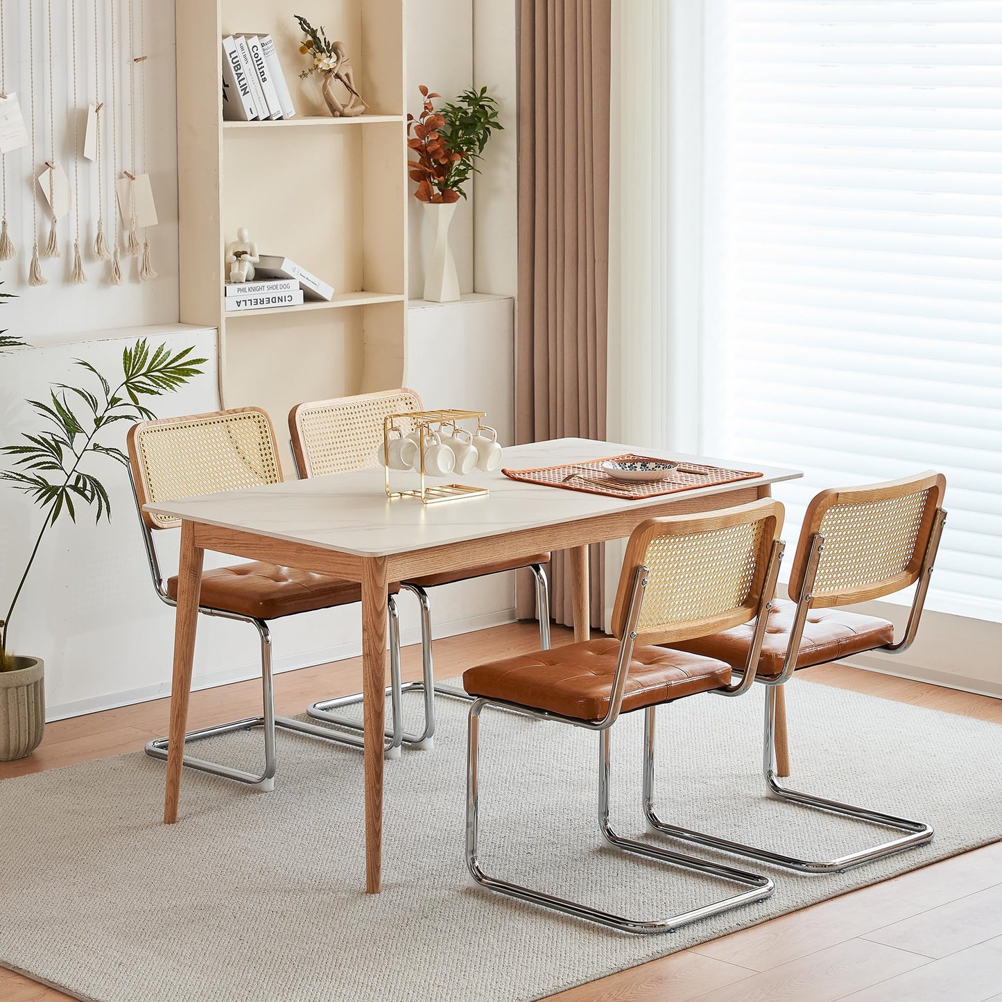 Niusonlan Rattan Cantilever Dining Chair, Single Modern Armless Chair with Chrome Steel Frame, PU Leather Seat and Rattan Backrest, 17.7" Seat Height Kitchen & Dining Room Chair (Brown, Set of 2)