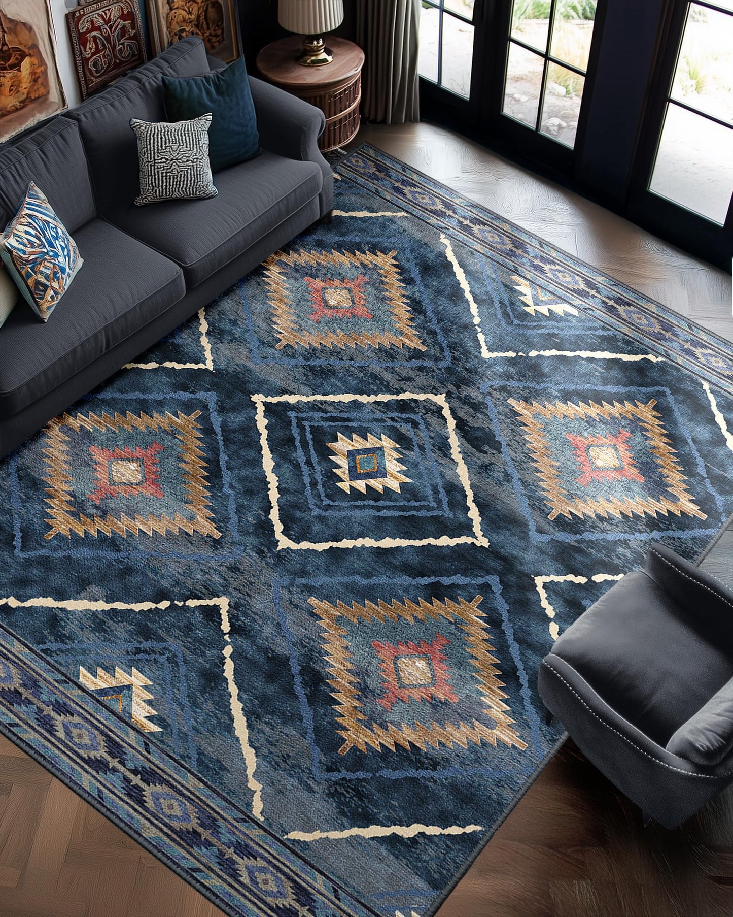 BESTSWEETIE Area Rug 8x10 Rug Machine Washable Non-Slip Low Pile Print Pattern Western Rug for Living Room Bedroom Entryway Tribal Series -Darkblue