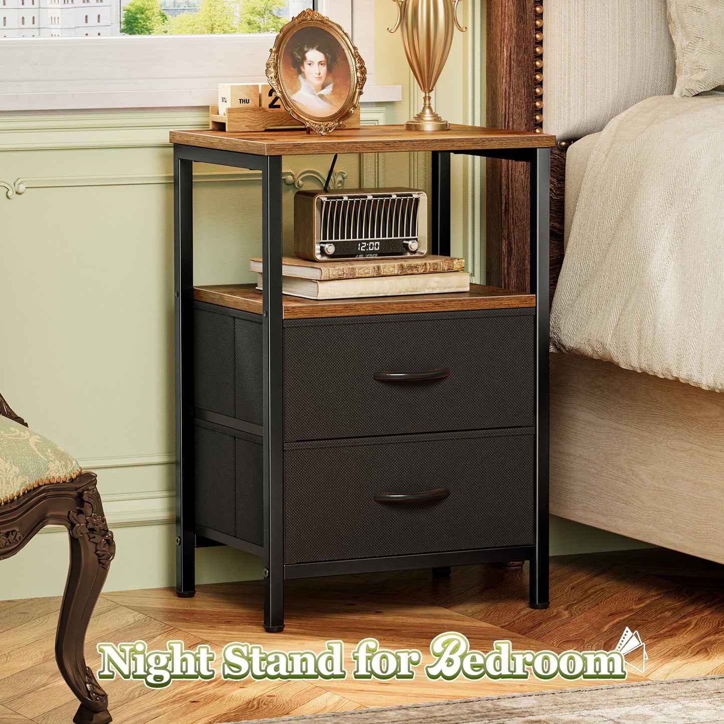 Huuger Night Stand Set of 2, Nightstand with 2 Drawers, Bed Side Table with Open Shelf, Wooden Top, End Table, Fabric Drawer, for Bedroom, Rustic Brown and Black