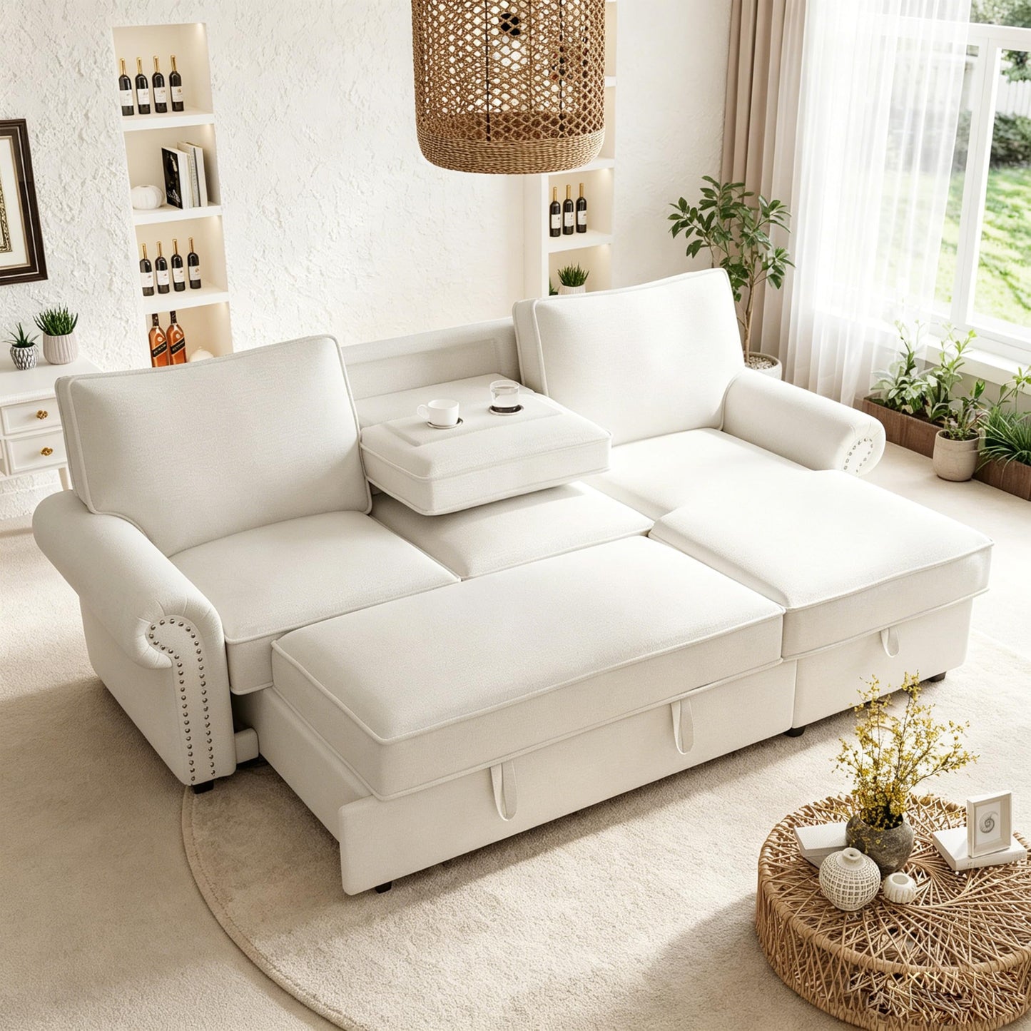 ERYE 95-Inch L-Shaped Reversible Sleeper Sectional Sofa Oversized Corner Pull Out Sleeper Couch Bed with Cup Holders and Nailhead Decor, Comfy Chenille Upholstered Corner Sofa Bed