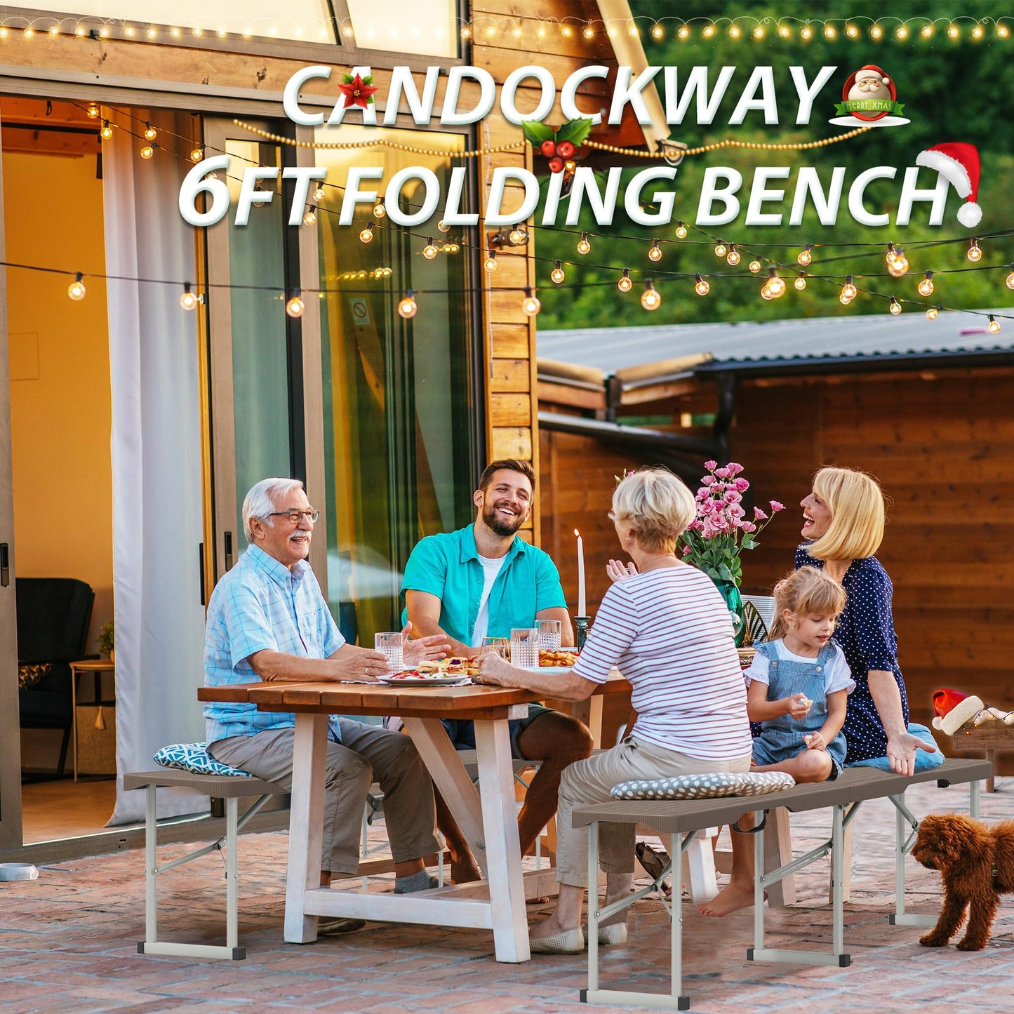 Candockway 6ft Plastic Folding Bench with Carrying Handle & Lock, Portable Outdoor Bench in Garden Picnic Camping Dining Party Seat, Waterproof Bench for Soccer Activities, Ratten Patterned(2 Pack)