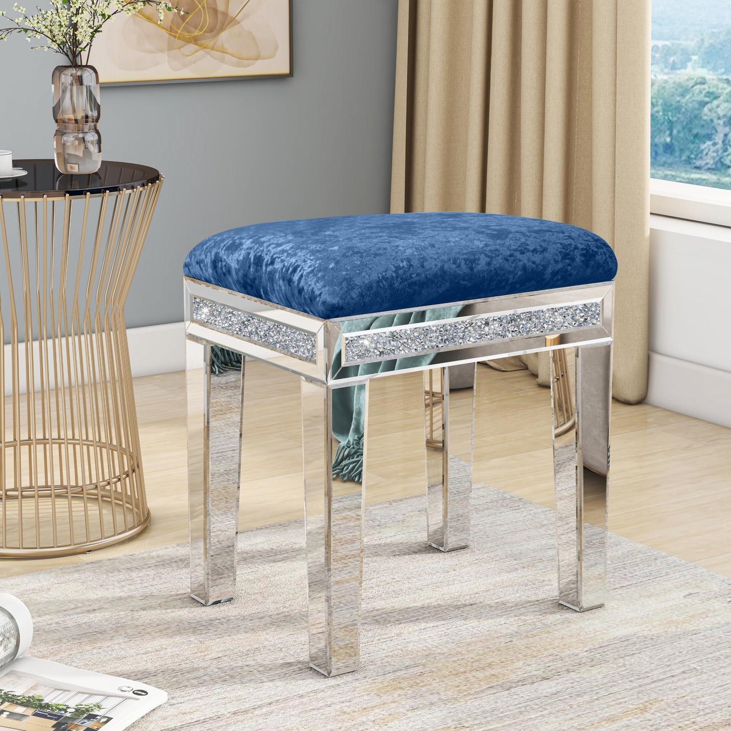 blingworld Mirrored Vanity Stool with Crushed Diamond Inlay Velvet Cushion 19.7'' Tall Stylish Makeup Chair for Bedroom, Vanity Chair, Ottoman for Living Room,Blue