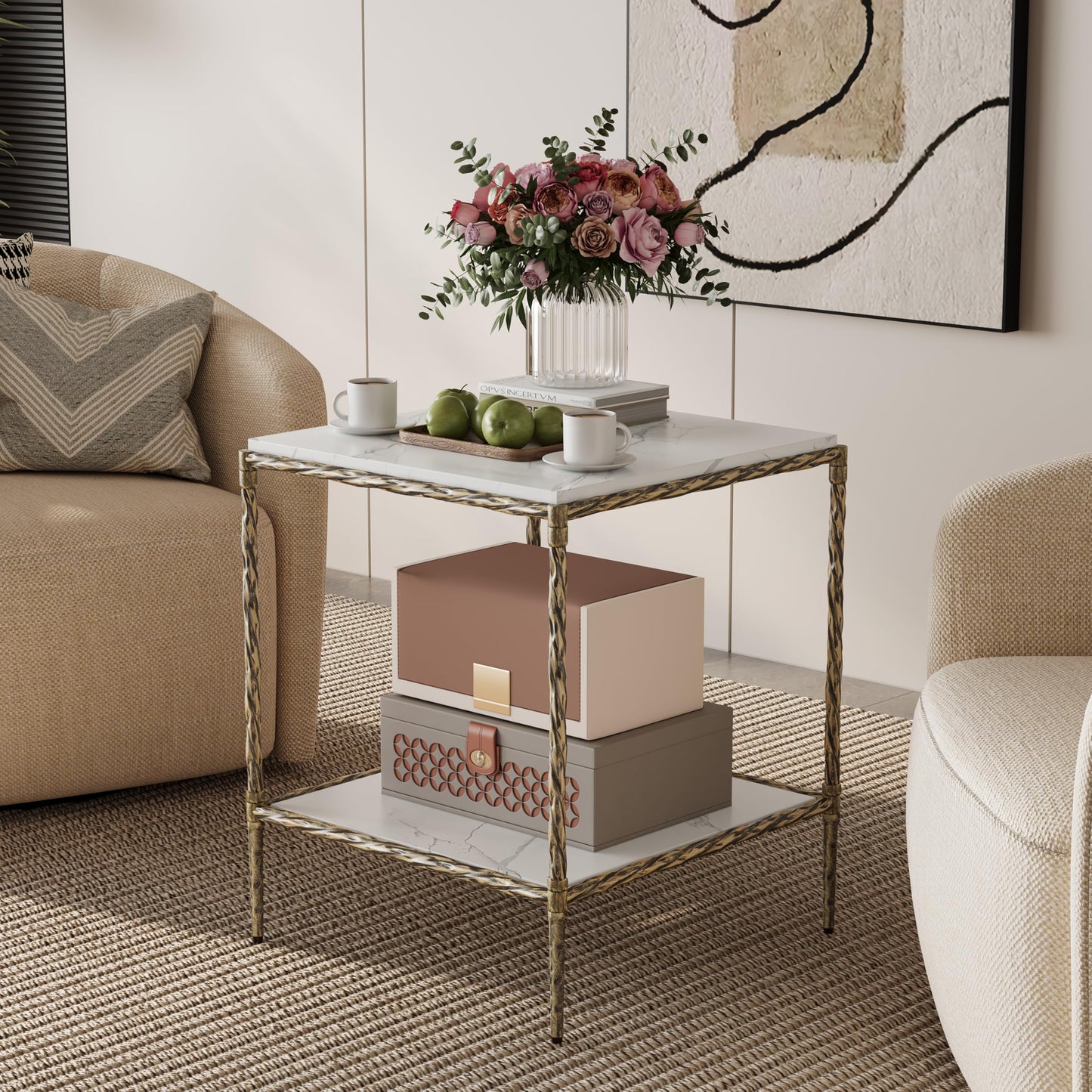 FormaCraft Antique Square End Table with a Marble-Effect Wooden Top, 20" Gold Side Table with 2-Tier Open Storage Shelves, Modern Square Accent Table with Antique Brass Finish for Living Room, Bedroom