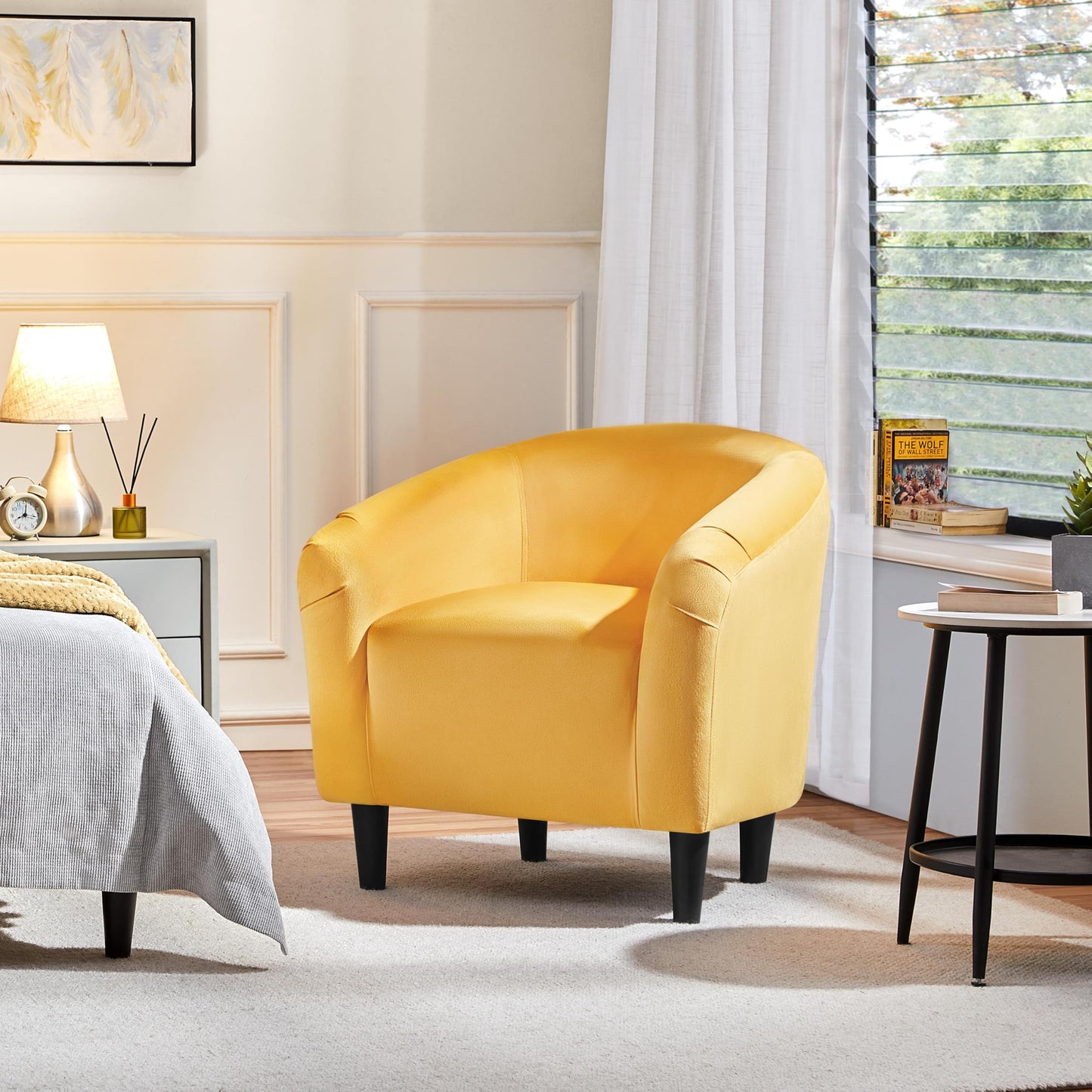 Yaheetech Accent Barrel Chair, Velvet Club Chair, Furry Sherpa Elegant Armchair with Cozy Soft Padded, Suitable for Living Room Bedroom Reception Room Office, Yellow