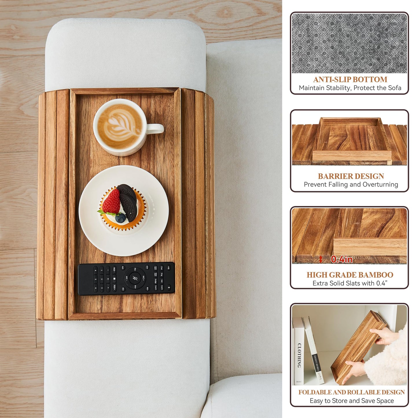 GEHE Acacia Wood Sofa Arm Tray, Foldable Couch Arm Tray Side Table, Anti-Falling Armrest Tables Cup Holder for Snacks, Drinks, Beers, Phone, Control, Flexible and Portable, Anti-Slip
