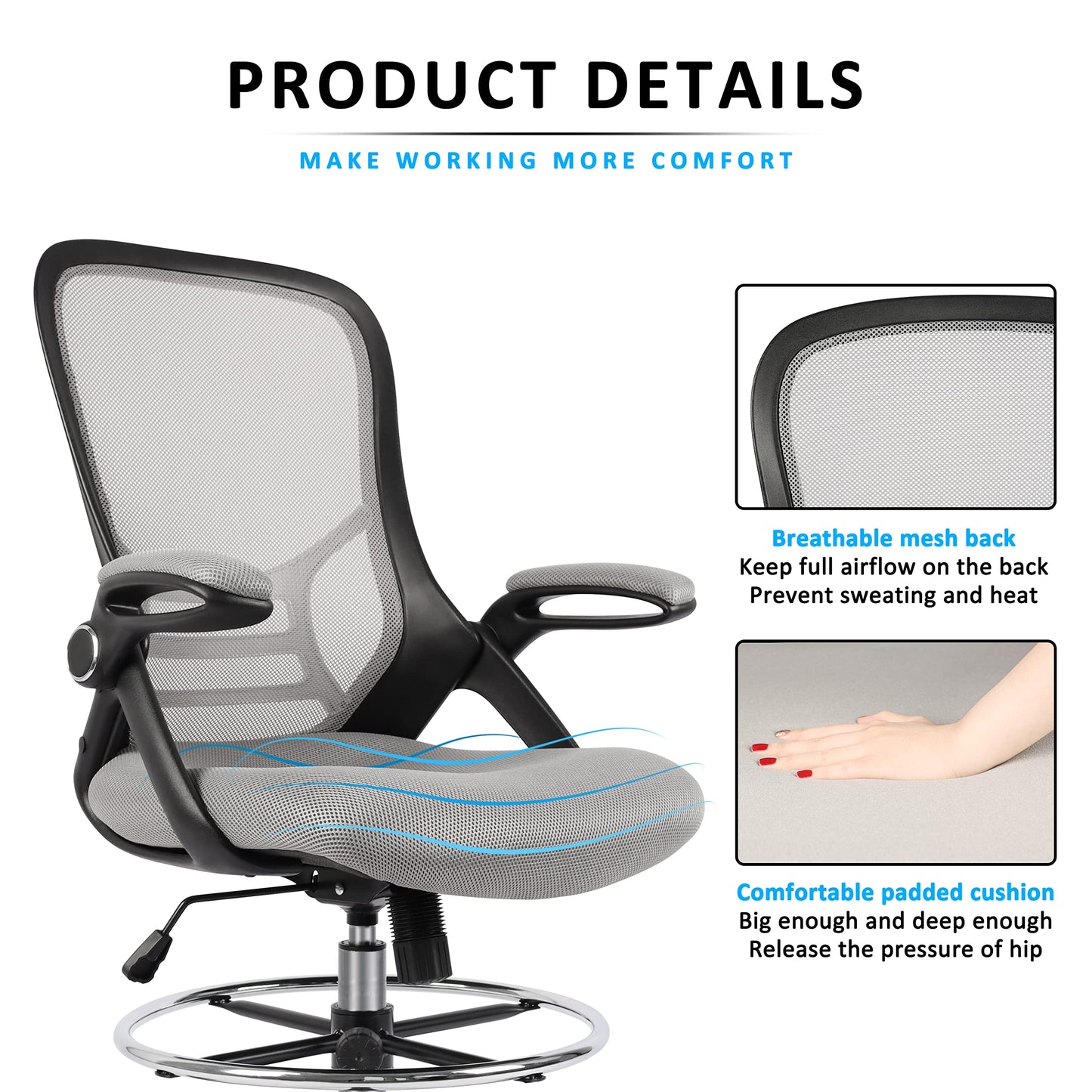 HYLONE Drafting Chair, Tall Office Chair Standing Desk Chair Grey Mesh High-Back Drafting Stool with Flip-Up Arms, Adjustable Foot Ring