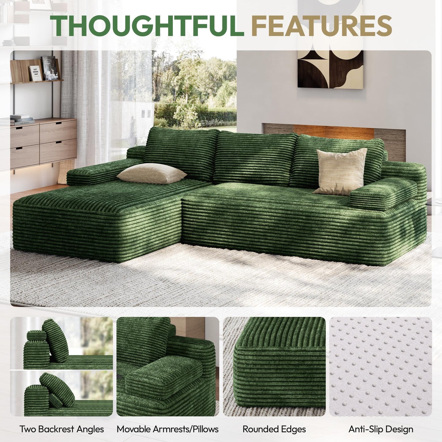 Yaheetech 110" Modular Sectional Sofa Corduroy Boneless Couch with Chaise L-Shape Cloud Couch with Detachable Pillows No Assembly Sofa for Living Room, Green