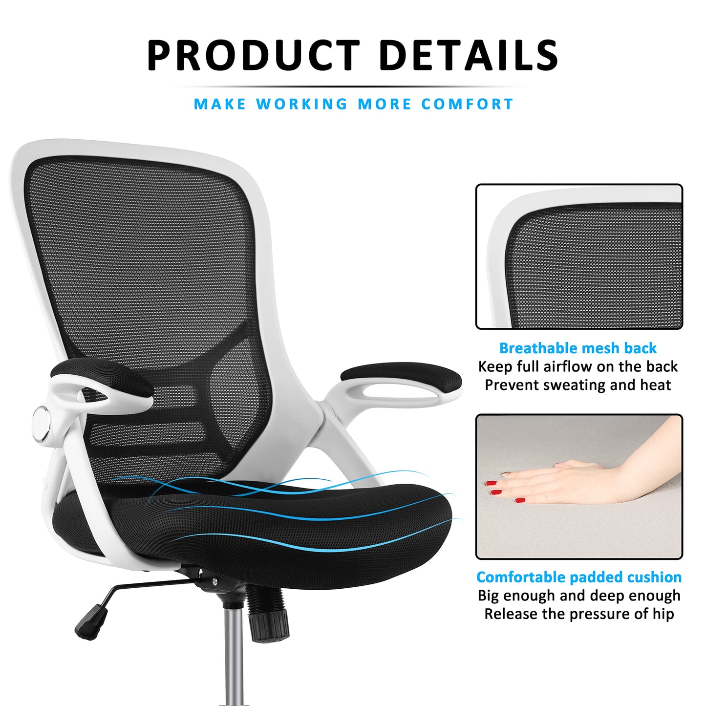 HYLONE Drafting Chair, Tall Office Chair Mesh Standing Desk Stool with Adjustable Foot Ring, Flip-Up Arms, White & Black