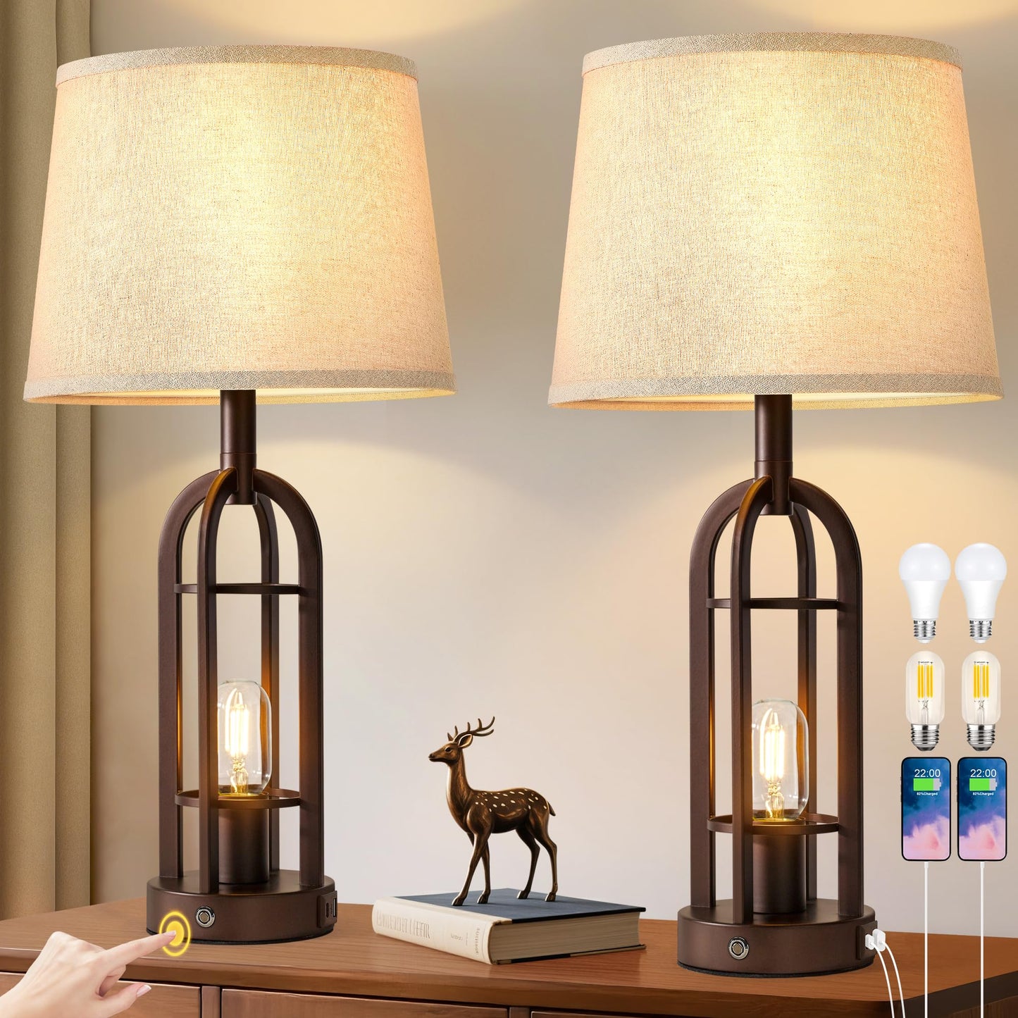 SRJJA 24" Table Lamps for Living Room Set of 2, Rustic Farmhouse 3-Way Dimmable Touch Industrial Bedside Lamps with USB A+C for Bedroom Nightstand，4 Bulbs Included