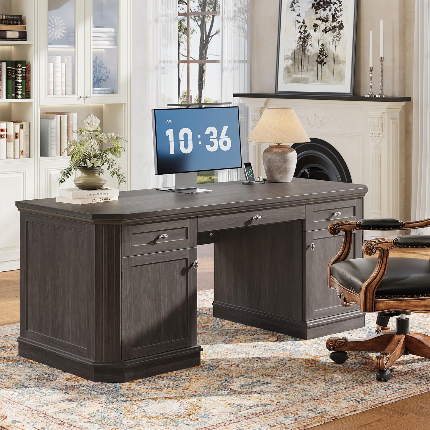 AMBERHAUS 59" Classic Executive Desk with Storage, Victorian Executive Desk with Charging Station, Keyboard Tray, 3 Drawers & 2 Cabinet Storage & 2 Pedestals, Easy Assembly, Black