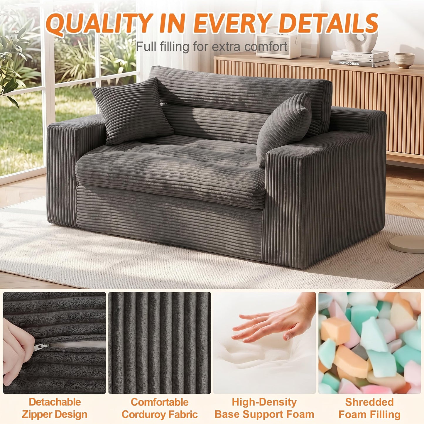 Erament Boneless Loveseat Sofa Couch, 2 in 1 Convertible Sofa Bed with Pillows, Fold Out Bean Bag Chair Boneless Floor Couch for Living Room Bedroom Office Lounge Apartment, No Assembly Needed, Grey