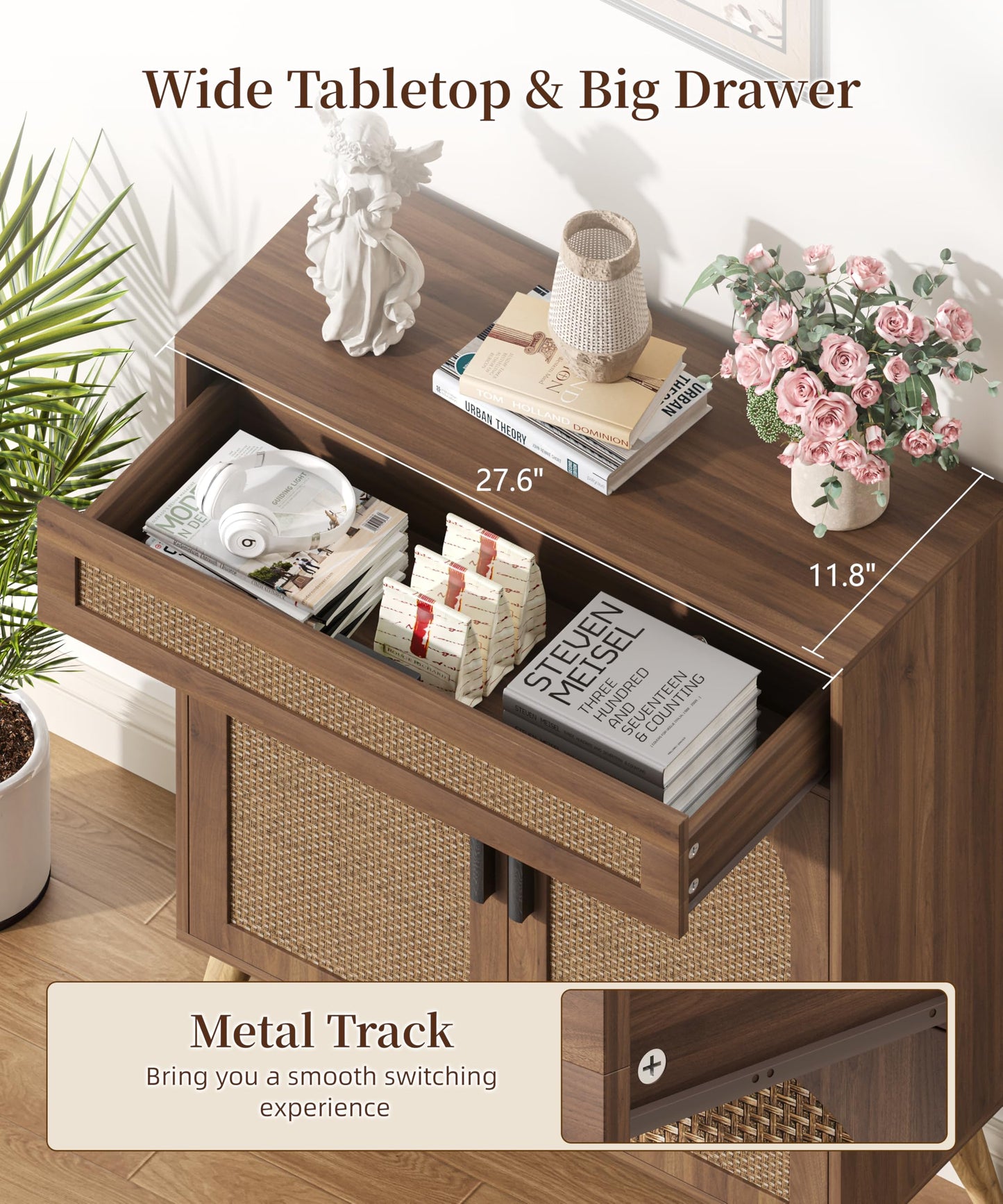 Kaiershi Rattan Buffet Cabinet with Storage, Sideboard with Drawer & Adjustable Shelf, Accent Kitchen Floor Storage Cabinet with 2 Doors & Solid Wood Feet, Coffee Bar for Living Room, Entryway, Walnut