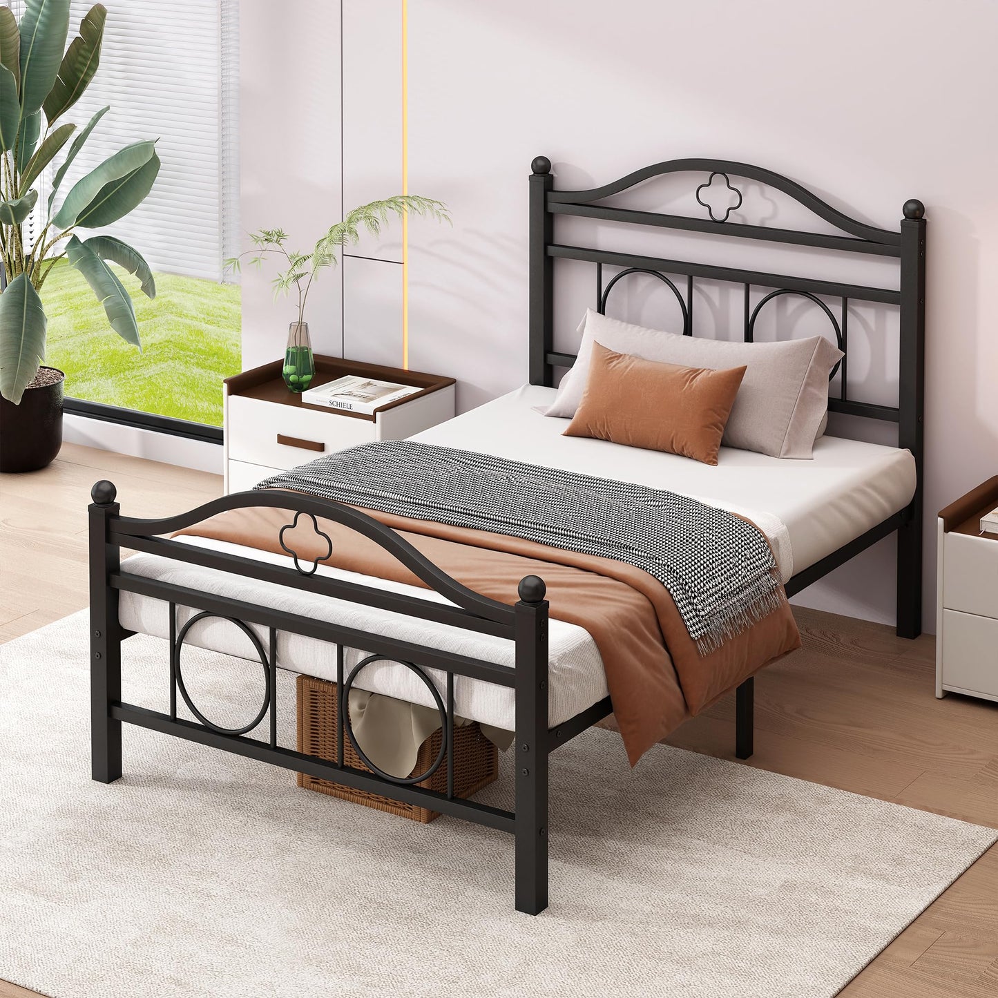 Vcaleets Twin Bed Frame with Headboard,Heavy Duty Steel Slats Support Mattress Foundation-Under Bed Storage, No Box Spring Needed, Noise Free