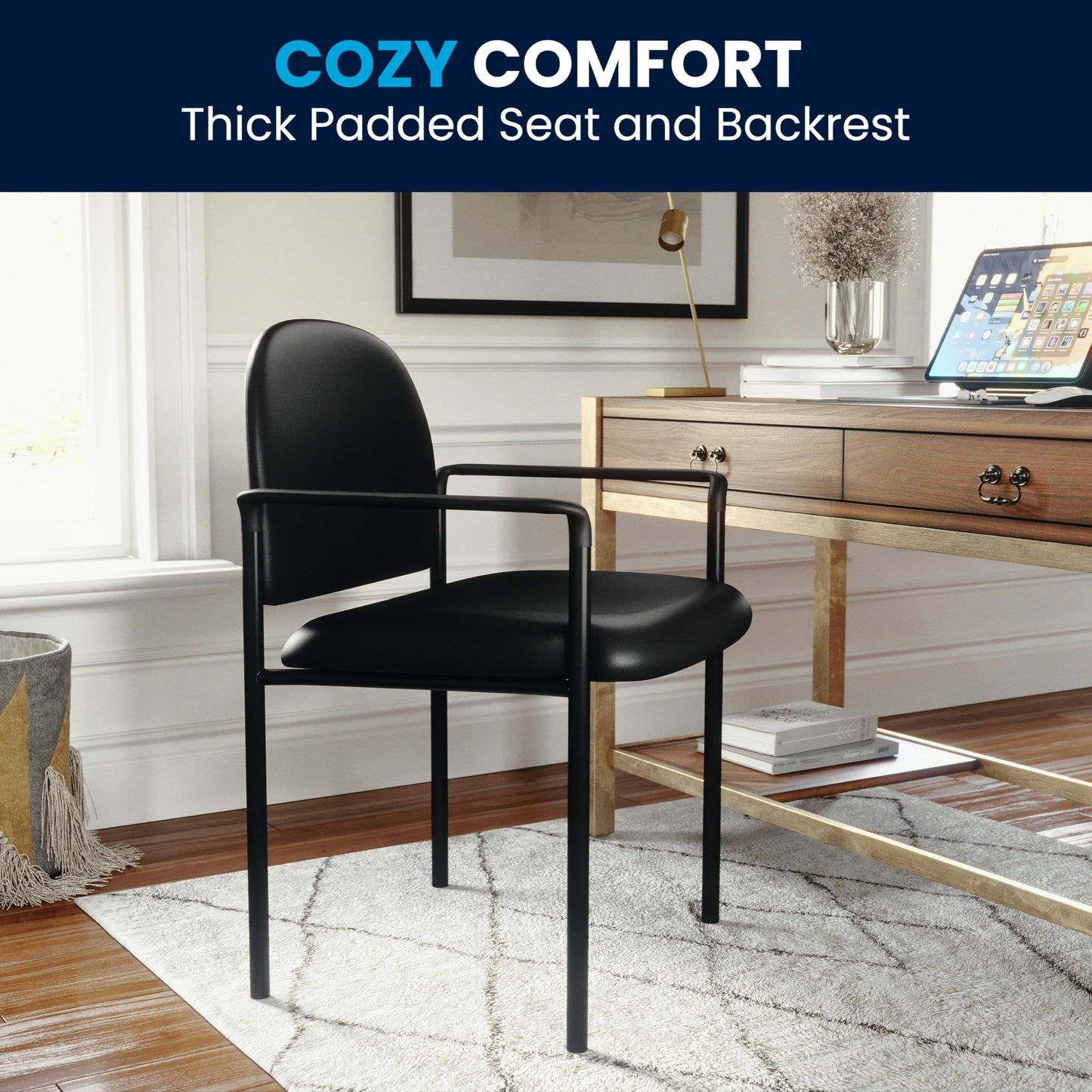 Flash Furniture Tiffany Side Reception Chair with Padded Armrests, Stackable Vinyl Waiting Room Chair for Commercial or Residential Use, Black