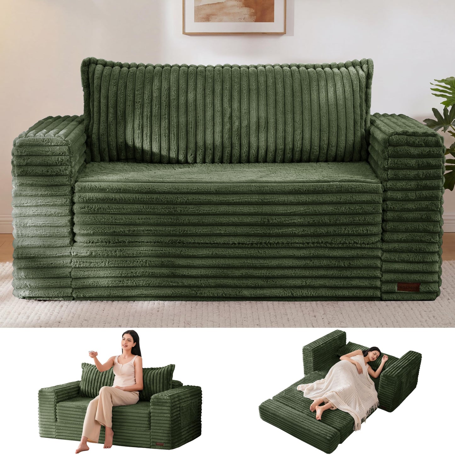 MAXYOYO Convertible Sofa Bed, 2 in 1 Folding Couch Bed for Small Space, Pull Out Loveseat Sofa Couch with Large Back Pillow, Plush Fabric Lounge Couch for Living Room, Apartment, Dark Green