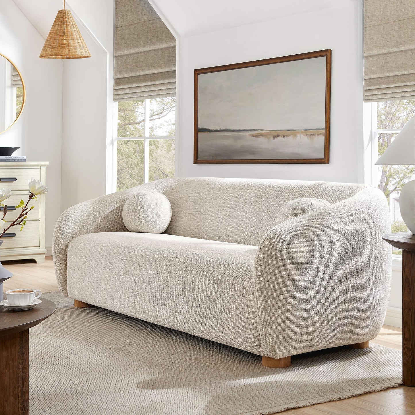 Modway Holland 85 Inch Minimalist Curved Back Sofa in Dove Gray – Chenille Fabric Sofa with Ball Throw Pillows and Wood Feet – Modern 3-Seater Couch for Living Room