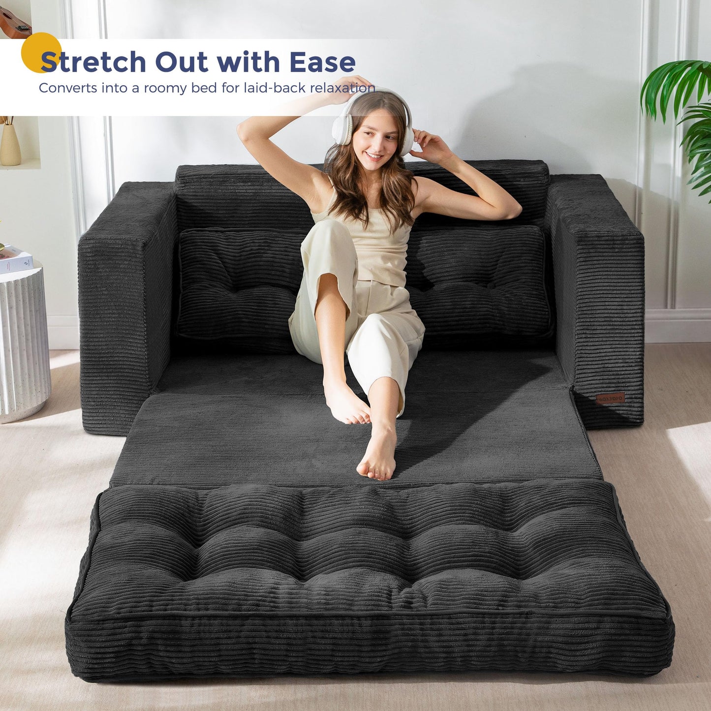 MAXYOYO Convertible Sofa Bed, Pull Out Loveseat Sofa Couch, 2 in 1 Folding Couch Bed, Fold Out Floor Couch with Pillows for Living Room Bedroom Lounge, Black