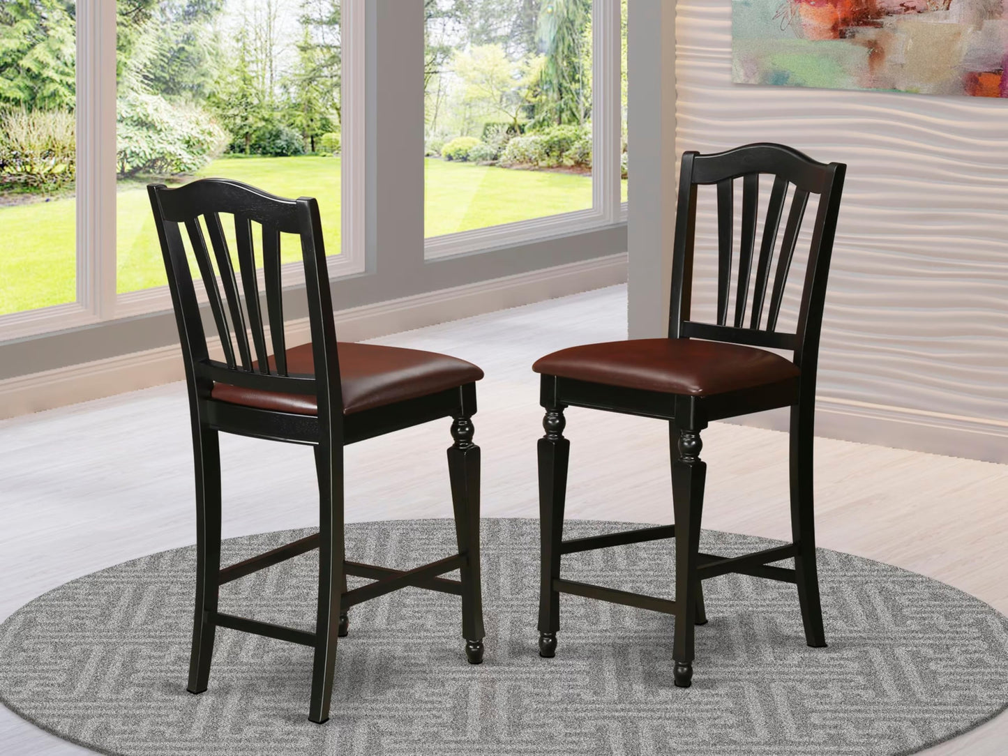 East West Furniture CHS-BLK-LC Chelsea Counter Dining Chairs - Faux Leather Upholstered Solid Wood Chairs, Set of 2, Black