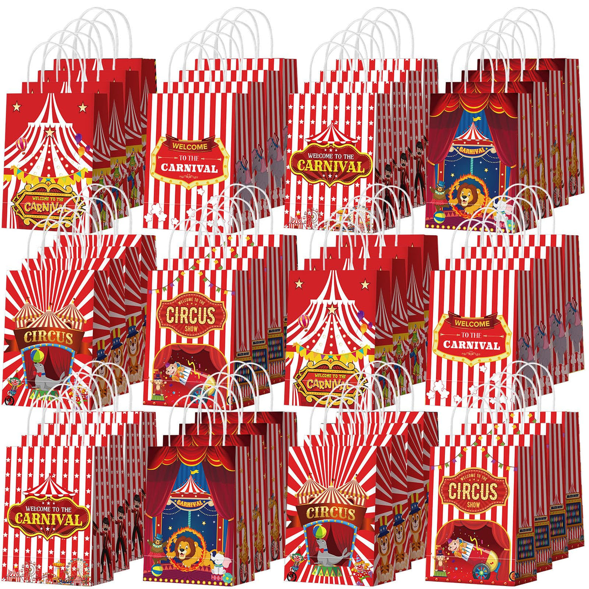 Kolldenn 48 Pcs Carnival Party Favor Bags Circus Gift Goodie Paper Bags with Handles Red White Stripe Circus Treat Candy Pouch for Carnival Party Supplies Birthday Mardi Gras Decorations