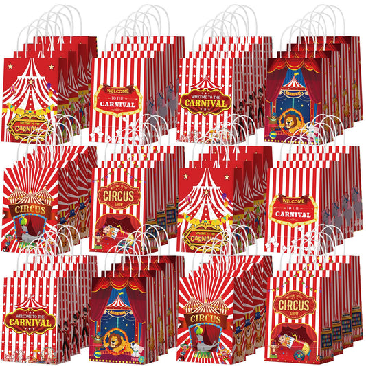 Kolldenn 48 Pcs Carnival Party Favor Bags Circus Gift Goodie Paper Bags with Handles Red White Stripe Circus Treat Candy Pouch for Carnival Party Supplies Birthday Mardi Gras Decorations