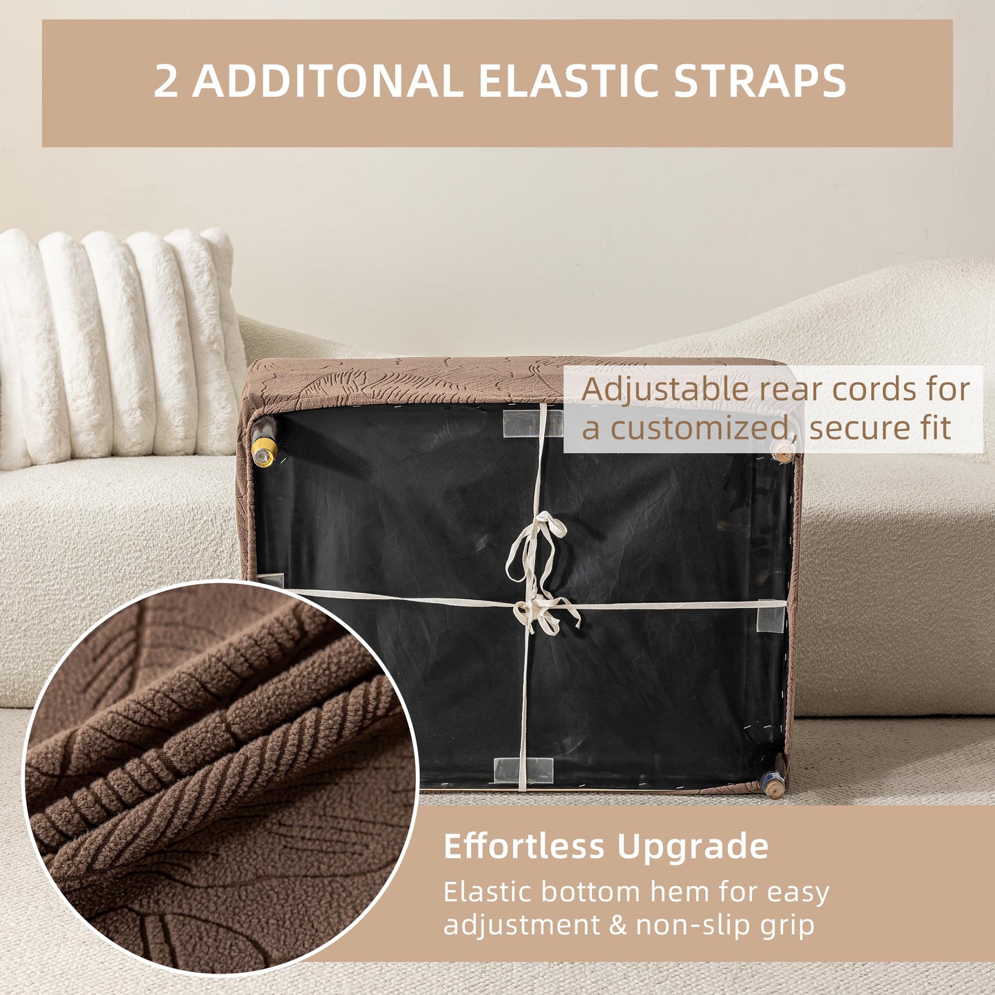 KaviKon Ottoman Cover Square/Rectangle Fit Length 35"-45" Stretch Foot Stool Slip Cover, Footrest Slipcovers Protector with Elastic, Ottoman Cover Removable Washable((Medium-XL,Leaf Coffee)