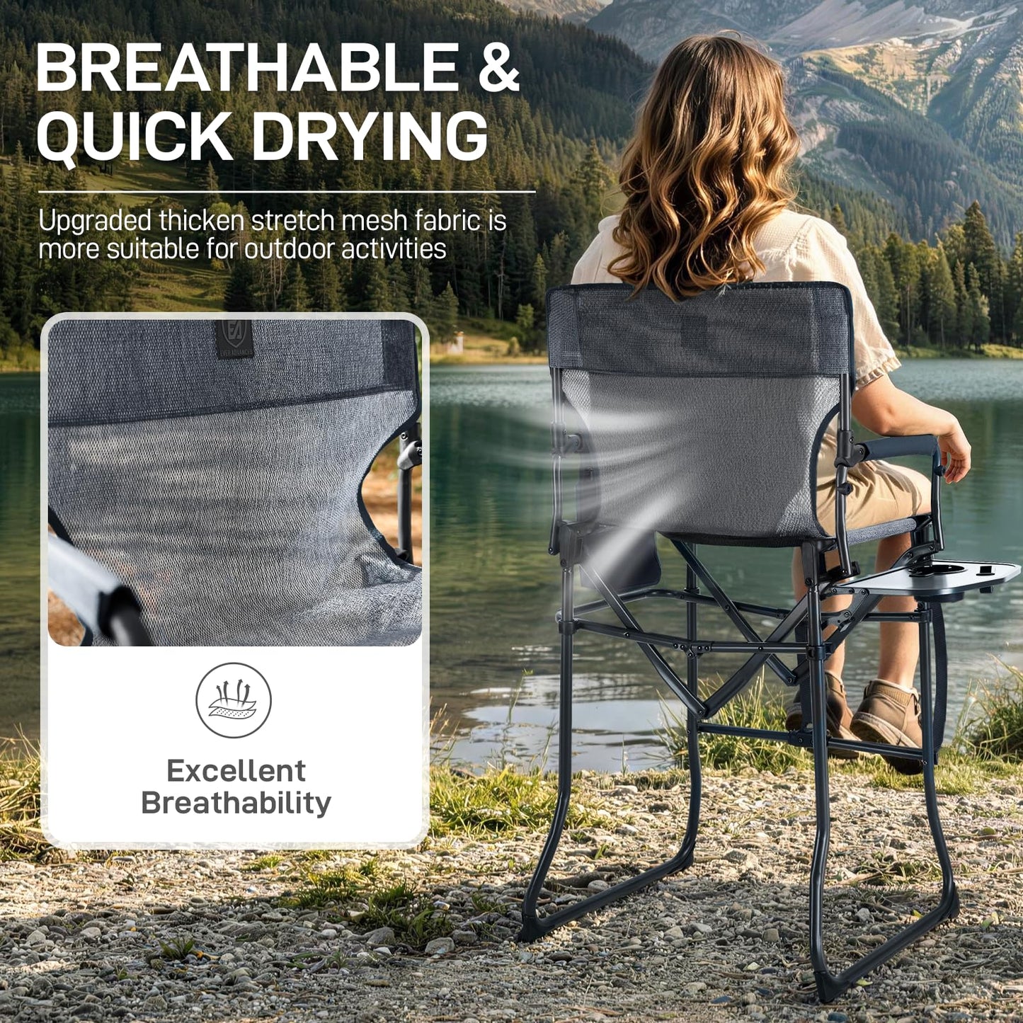 EVER ADVANCED Portable 30.7" Seat Height Tall Folding Camping Chair Directors Chair High Foldable Bar Stool with Side Table for Makeup Artist, Sports Event, Craft Show, Stretch Mesh, Supports 350LBS