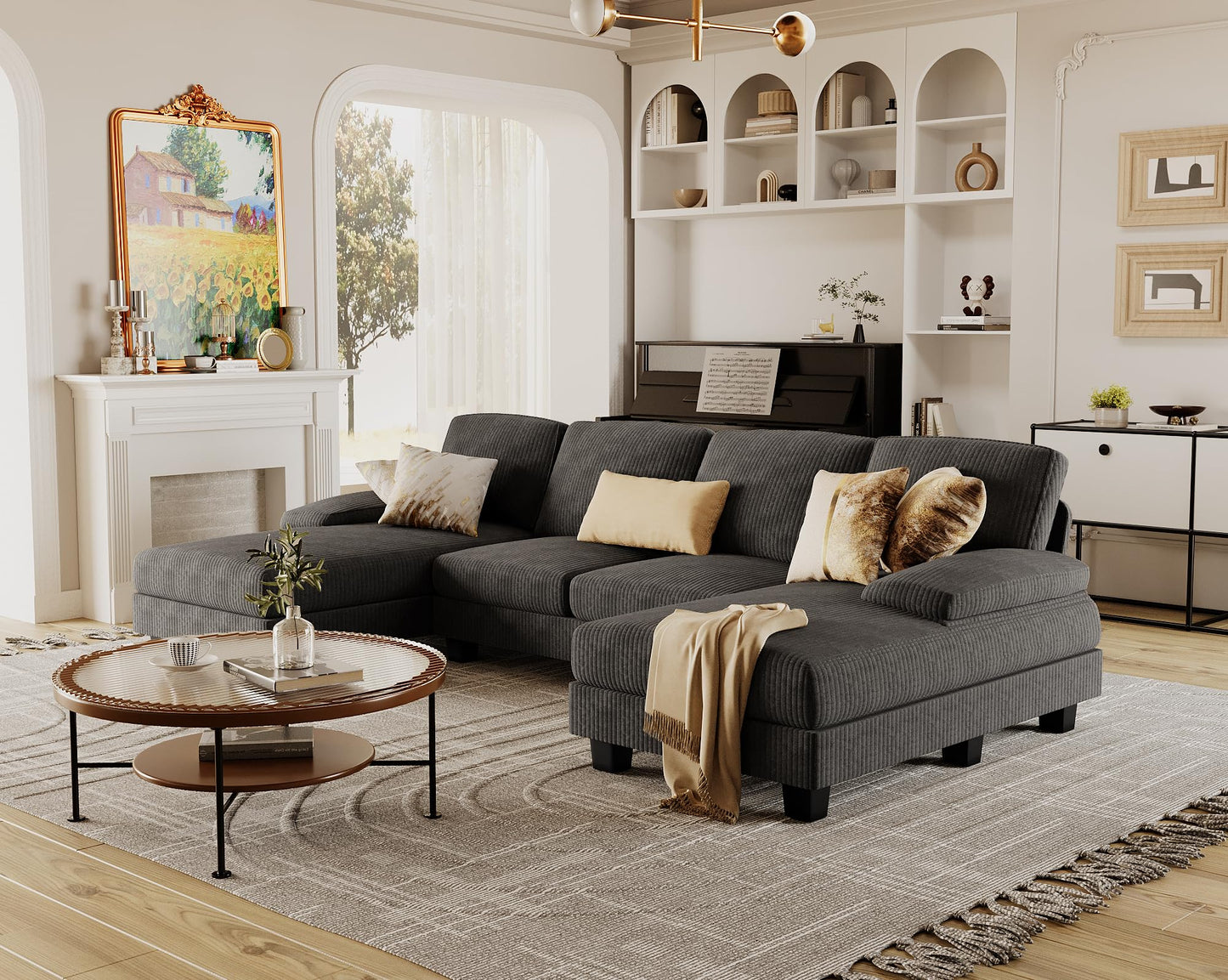 Furmax Sectional Couches for Living Room, U-Shaped Sofa Couch with Linen Fabric, 4 Seat Sofa Set with Double Chaise for Apartment (Corduroy, Dark Grey)