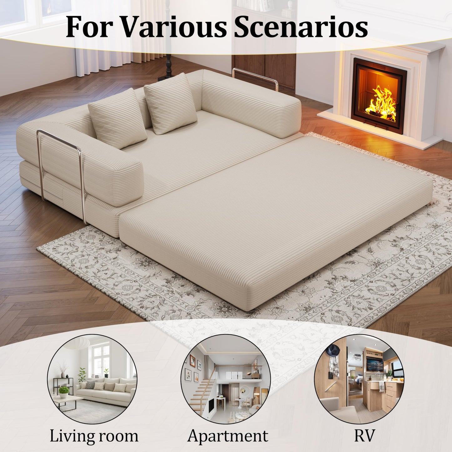 59.0 Inch Convertible Sofa Bed, 4-in-1Futon Sofas Bed Pull Out Sleeper Couch, Modern Deep Seat Sofa for Living Room, Corduroy Boneless Couches for Bedroom, Apartment, No Assembly Beige, 2 Seat