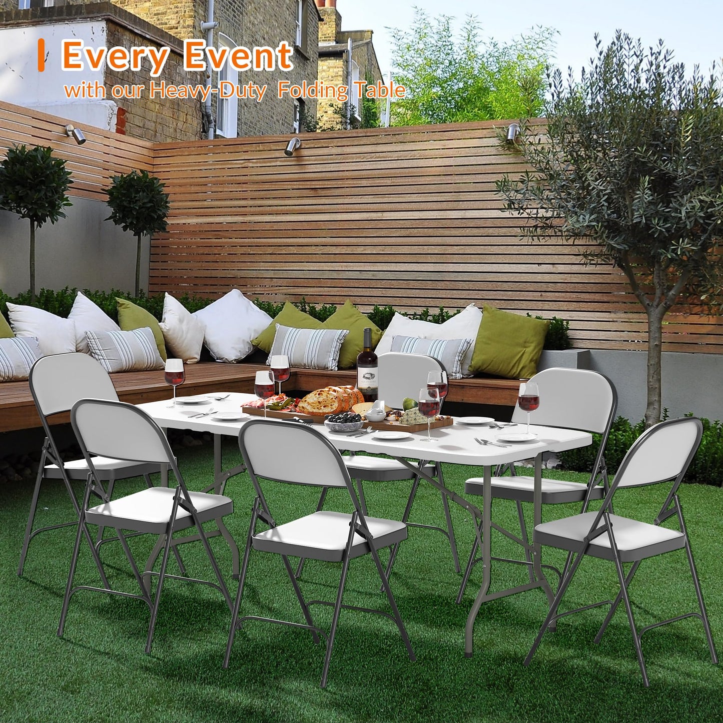 Elevon Folding Table Set with 8 White Folding Chairs,6 Feet Heavy Duty Fold-in-Half Utility Table Sets for Picnic, Event, Training, Outdoor Activities, at Home and Commercial Use