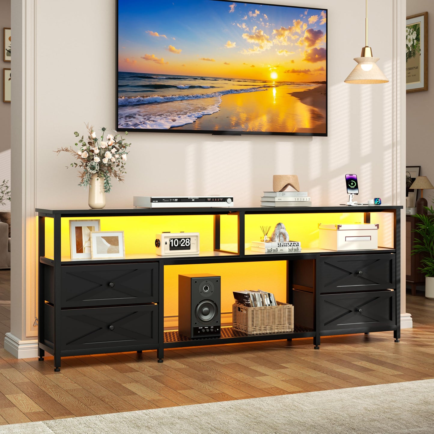 JUSTOGO TV Stand with Fabric Drawers for 65 70 75 Inches TV - Entertainment Center with Open Storage Shelf, Power Outlets & LED Lights for Living Room, Bedroom, 63" TV Console Media Console, Black