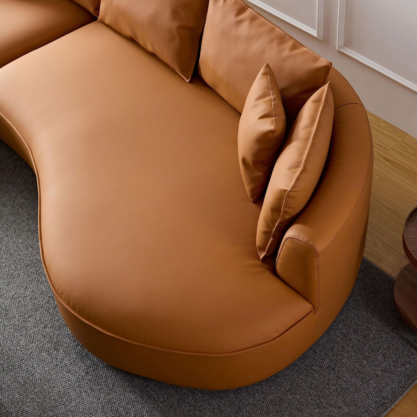 BBTJOINT Modern Curved Sofa for Living Room,Bonded Leather Upholstered Sectional,L-Shaped Round Couch with semicircualr Left Chaise Orange