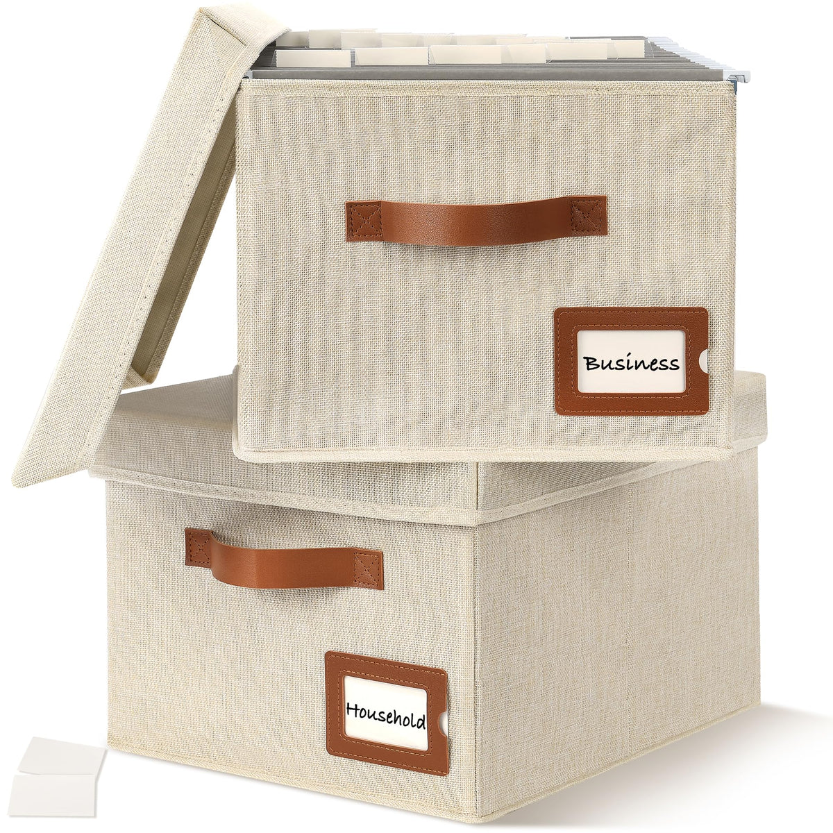 Storage Standard 2-Pack File Organizer Box with Lid - Collapsible Hanging Linen Document Organizer Portable File Boxes, Lightweight & Portable Filing Box Crates with Handles & Extras, Ivory