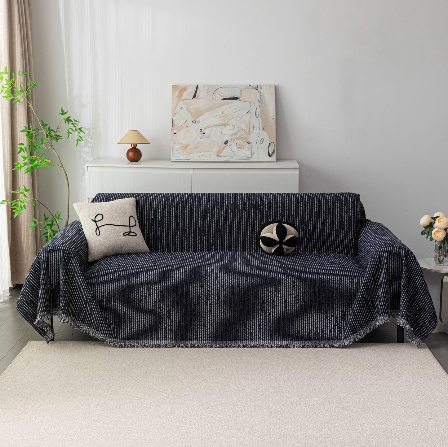 MYSKY HOME Loveseat Cover Navy Couch Cover Sectional Couch Covers for 2 Cushion Couch Sofa Thick Universal Chenille Sofa Cover with Tassel Durable Furniture Protector for Dogs 91" x 118"
