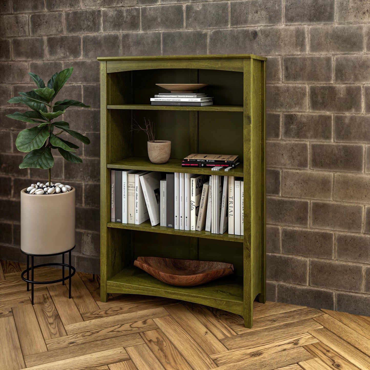 Camaflexi Shaker Style 4 Shelf Bookcase/Solid Wood / 48" High/Adjustable Shelving/Closed Back/Display Bookshelf for Living Room, Bedroom, Home and Office, Olive Grove Green