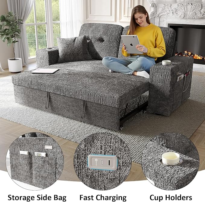 63 Inch Sleeper Sofa Bed, 3 in 1 Pull Out Couch Bed