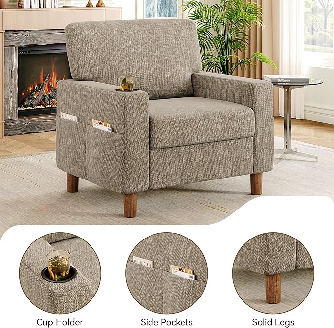 Mid Century Modern Accent Chair, Chenille Comfy Living Room Arm Chairs