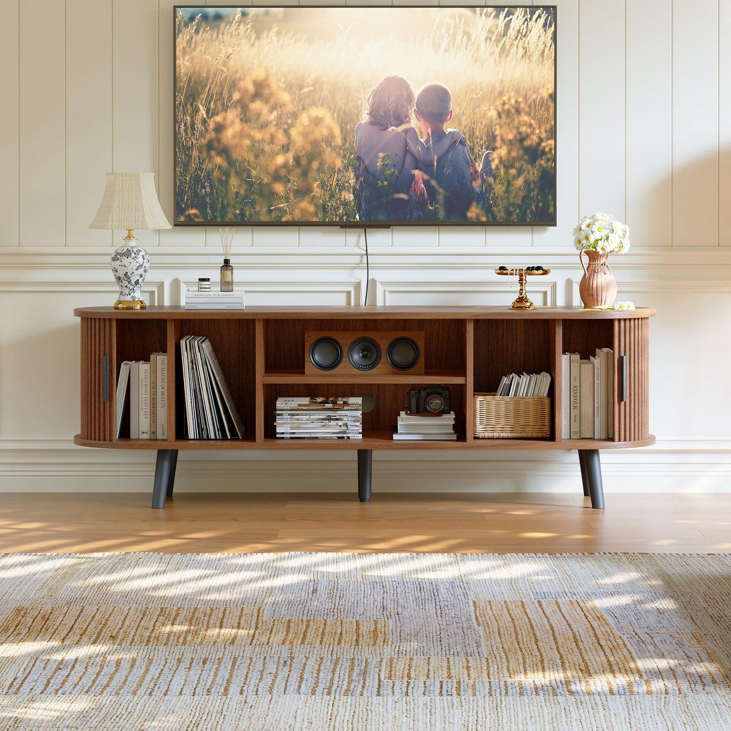 ChooChoo Mid Century Modern TV Stand for TVs up to 60 Inch, Entertainment Center with Fluted Sliding Doors and Hidden Storage, TV Console with Adjustable Shelf for Living Room, Bedroom, Walnut
