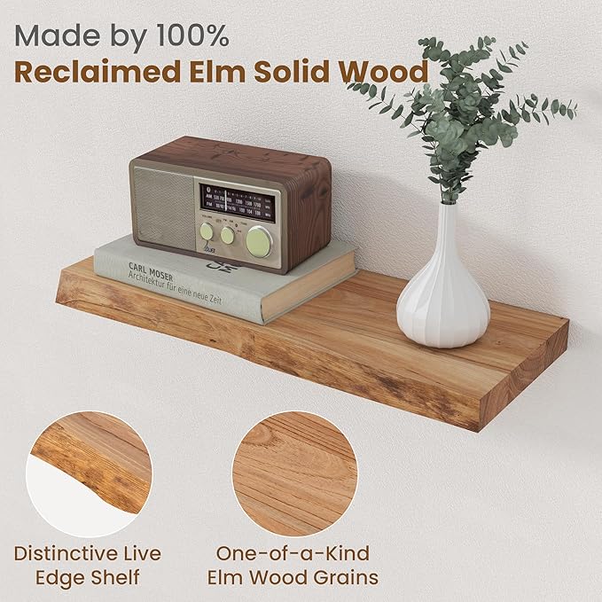 Floating Shelves for Wall Decor, Rustic Solid Elm Wood Live Edge Floating