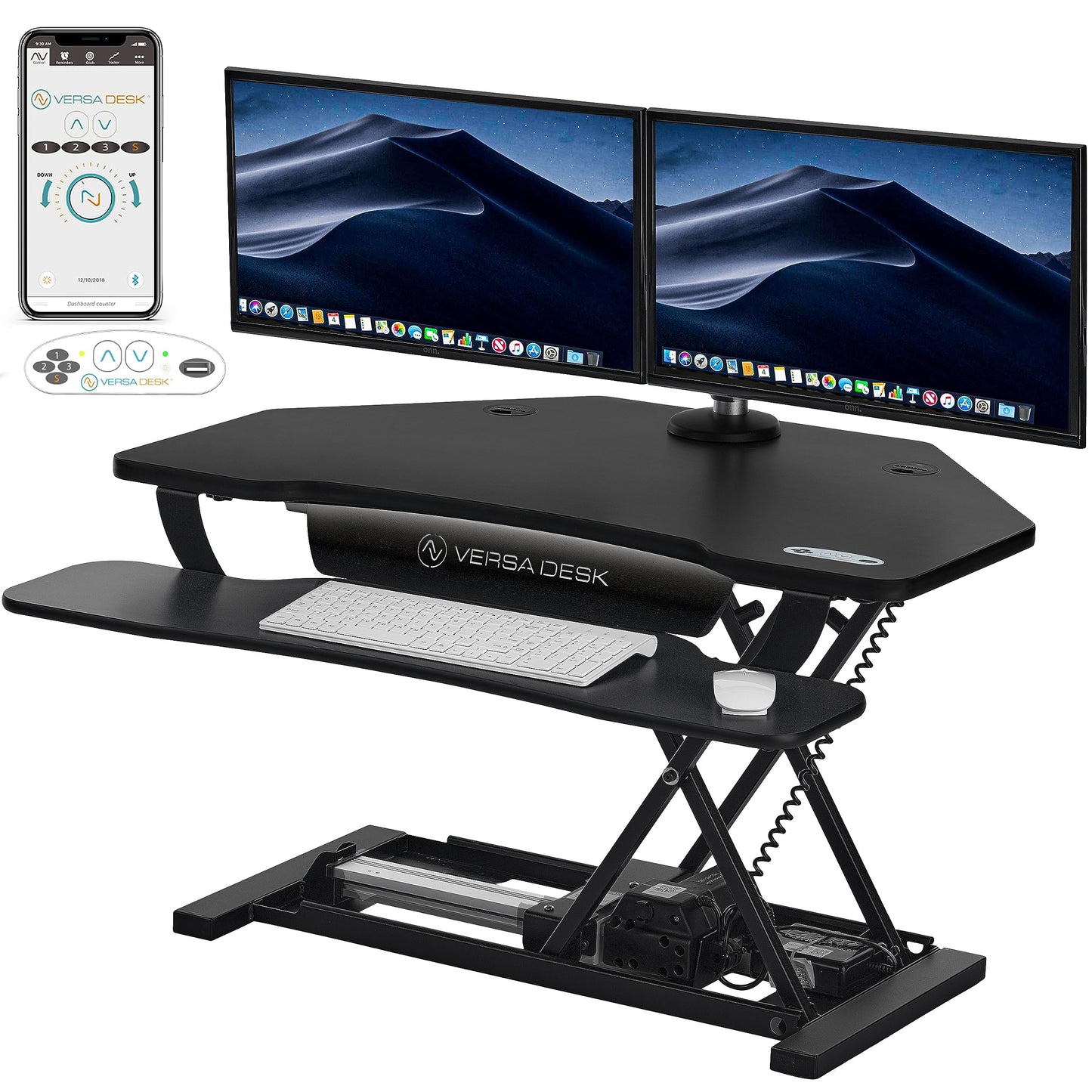 VERSADESK Elite Standing Desk Converter, Corner PowerPro 36" Smart Electric Height Adjustable Desk Riser with Programmable App Control, Hold 80 lbs, Keyboard Tray, USB Port Charger, Cherry