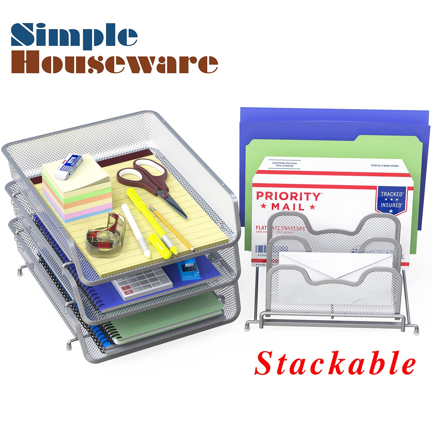 Simple Houseware 3-Tier Stackable Desk Organizer with 5 Compartments - Letter Tray and Step File Sorter, Silver