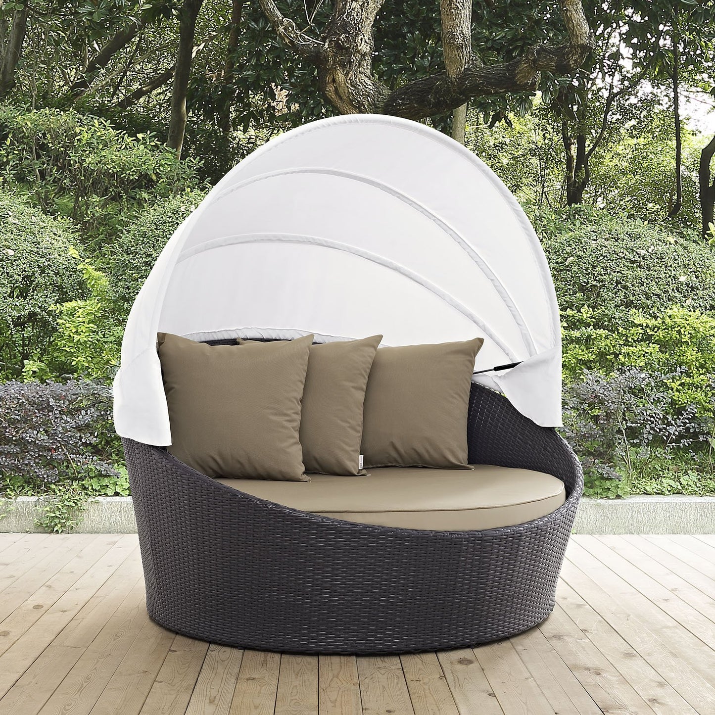 Modway Convene Wicker Rattan Outdoor Patio Retractable Canopy Round Poolside Sofa Daybed in Espresso Mocha