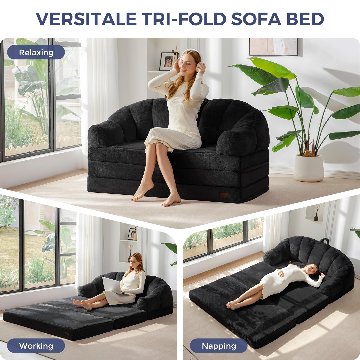 MAXYOYO Folding Sofa Bed, 2 in 1 Convertible Sofa to Lounger Comfy Loveseat Bean Bag Chair for Adults, Floor Couch with Handle, Faux Fur Couch Bed for Living Room Bedroom, Black, Loveseat
