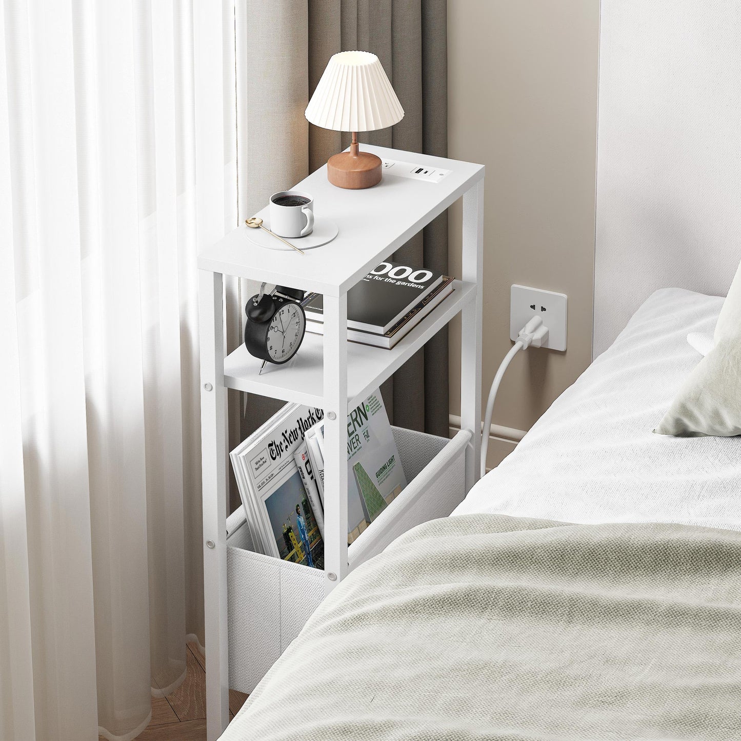 IRCPEN Narrow Side Table with Charging Station Slim End Table Sofa with Magazine Rack, Bedside Table for Small Spaces, 3 Tier Nightstand for Living Room Couch, Bedroom White LET503WE