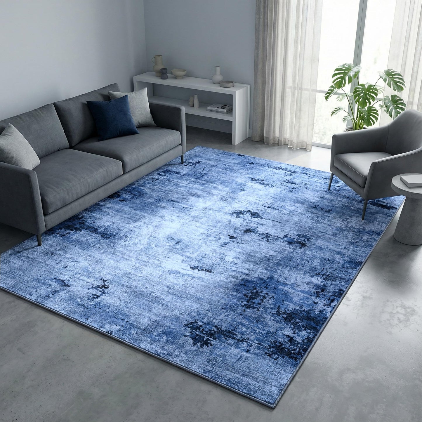 Cnythlis Washable Area Rugs, 0.26 Inch Low Pile Non Slip Abstract Rugs for Bedroom Study Room - Foldable Indoor Carpet, Pet Friendly Surface, Stain-Resistant & Water-Resistant, 5'x7', Blue